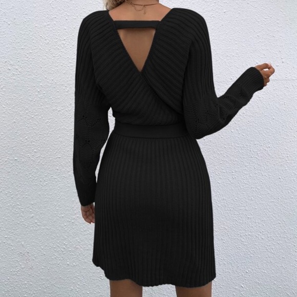 Cozy Burgundy  Cut out Back Belted Sweater Dress Minimalist - Picture 14 of 15